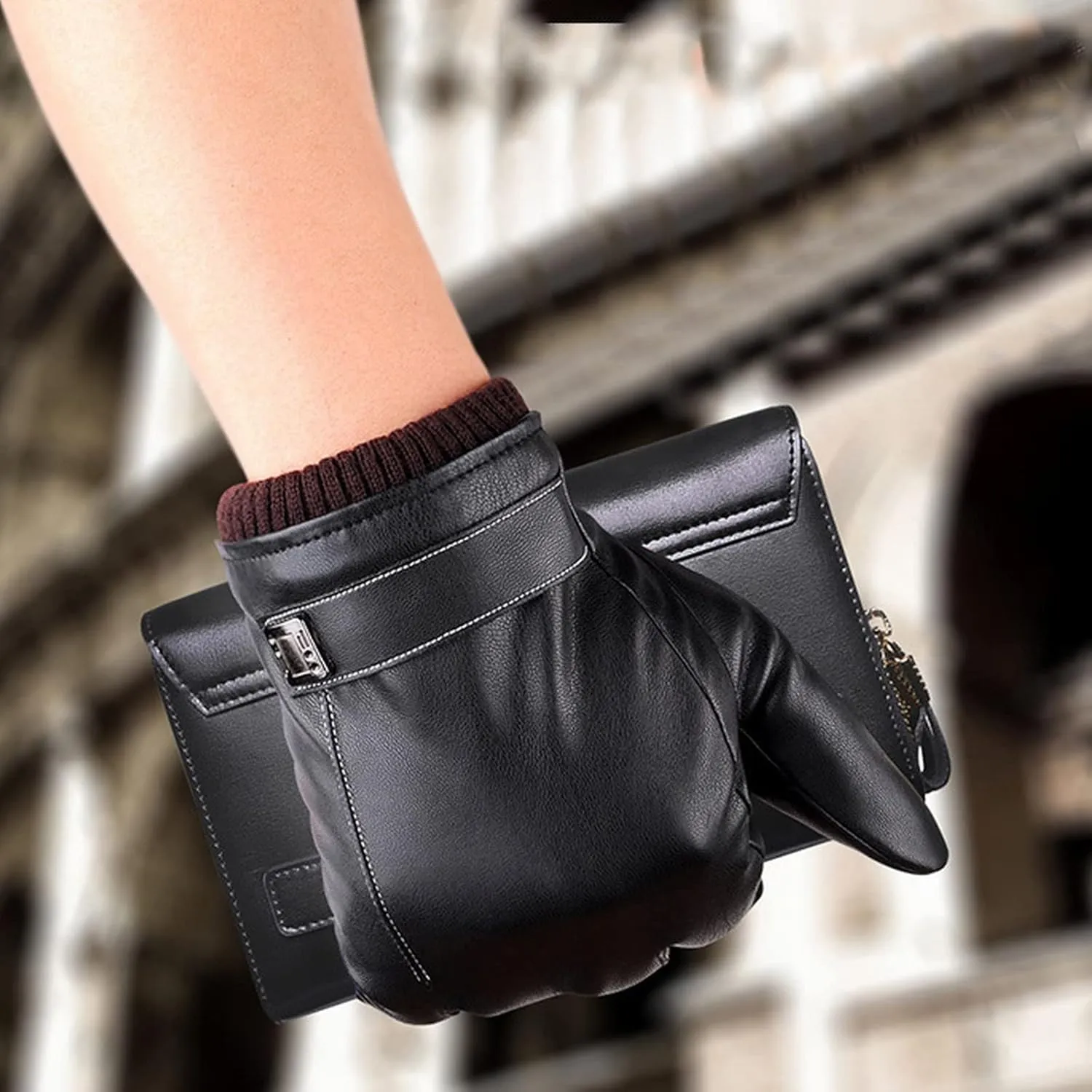 PU Leather Gloves for Women Winter Warm Gloves Touchscreen Warm Texting Gloves for Driving Riding Cycling