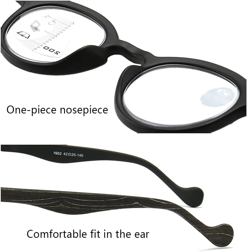 Retro Wood Grain Reading Glasses Round Progressive Multifocus Readers Men Women Computer Glasses Blue Light Blocking