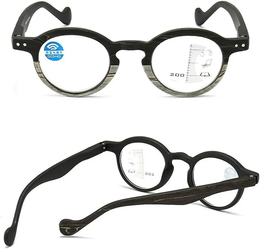 Retro Wood Grain Reading Glasses Round Progressive Multifocus Readers Men Women Computer Glasses Blue Light Blocking