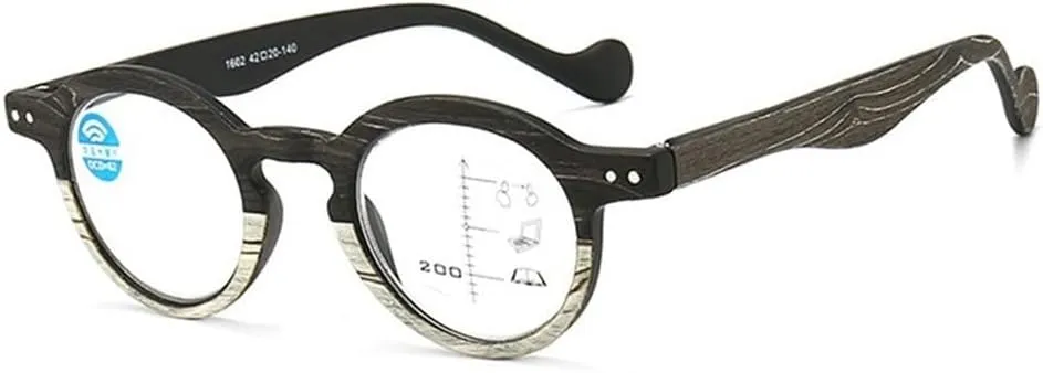 Retro Wood Grain Reading Glasses Round Progressive Multifocus Readers Men Women Computer Glasses Blue Light Blocking