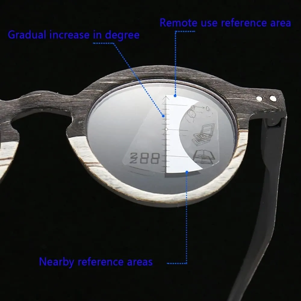 Retro Wood Grain Reading Glasses Round Progressive Multifocus Readers Men Women Computer Glasses Blue Light Blocking