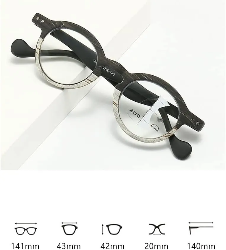 Retro Wood Grain Reading Glasses Round Progressive Multifocus Readers Men Women Computer Glasses Blue Light Blocking