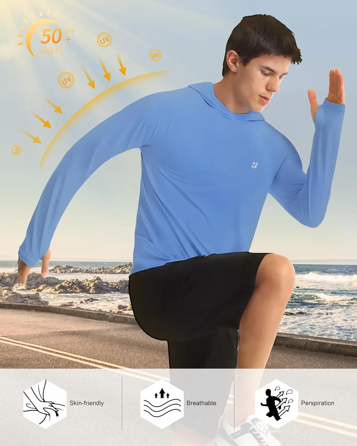 Roadbox UPF 50  Fishing Shirts for Men, Long Sleeve UV Protection Sun Hoodie, Swim Rash Guard for Hiking Running Workout