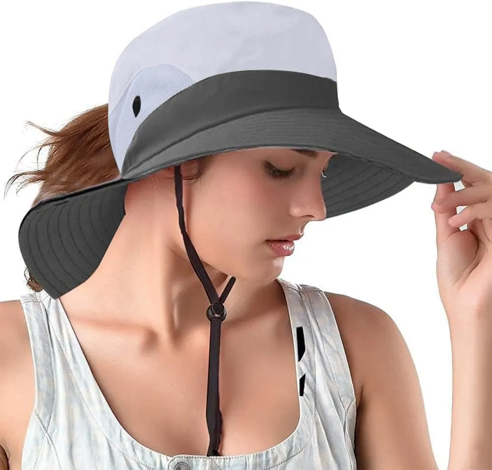 Rosoz Ponytail Sun Bucket Hats for Women UV Protection Foldable Mesh Wide Brim Hiking Beach Fishing Summer Safari