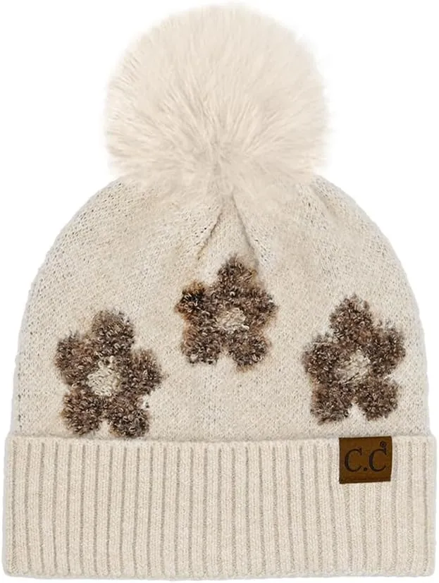 ScarvesMe Women Winter Soft Knit Daisy Floral Pattern Cuff Beanie Hat with Fur Pom