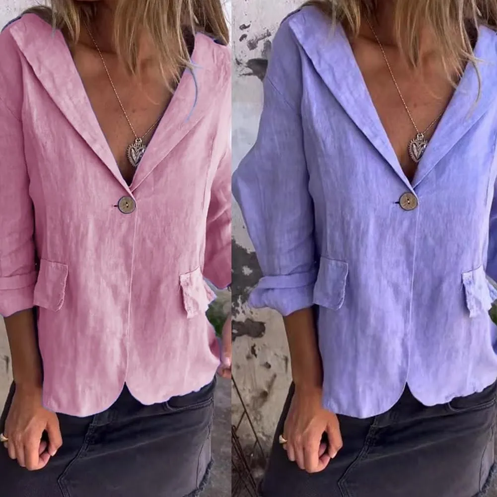 Southwestm Cotton and Linen Casual Lapel Single-Button Thin Coat, Cotton Blazers for Women, Casual Button Jackets
