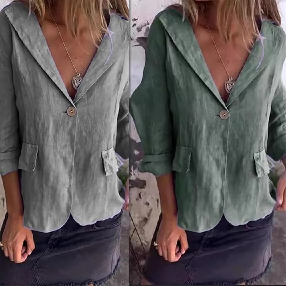 Southwestm Cotton and Linen Casual Lapel Single-Button Thin Coat, Cotton Blazers for Women, Casual Button Jackets