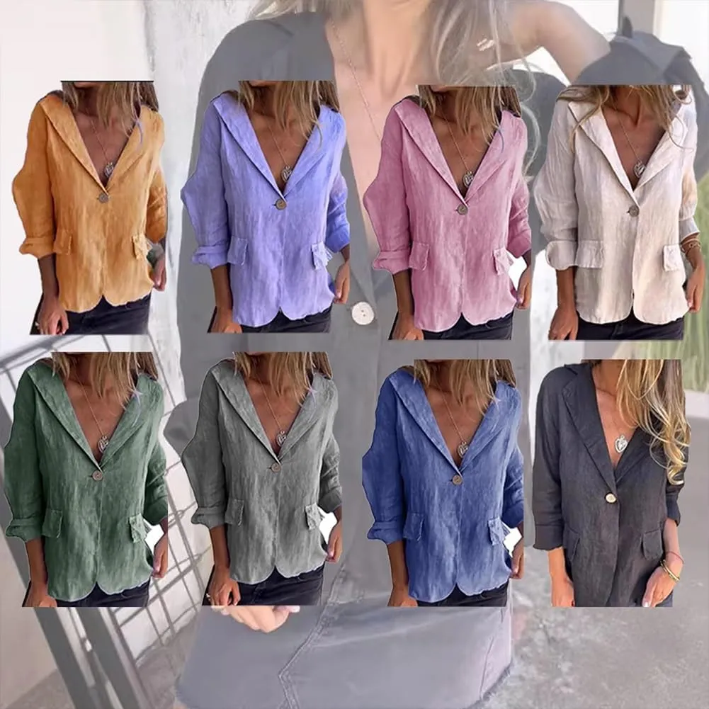 Southwestm Cotton and Linen Casual Lapel Single-Button Thin Coat, Cotton Blazers for Women, Casual Button Jackets