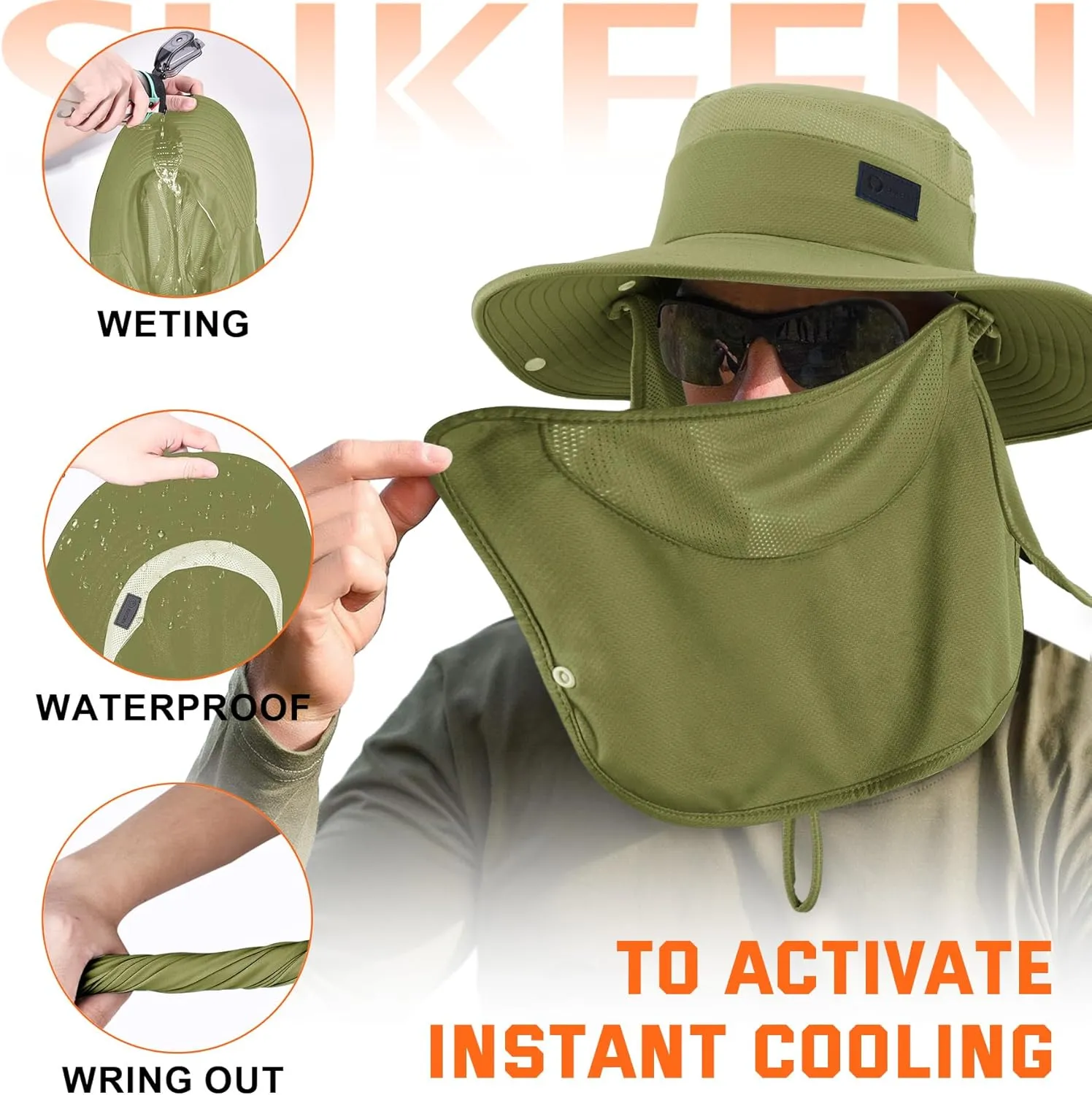 Sukeen Fishing Hat for Men Women, Wide Brim Outdoor UPF 50  Sun Protection with Detachable Neck Flap and Face Mask