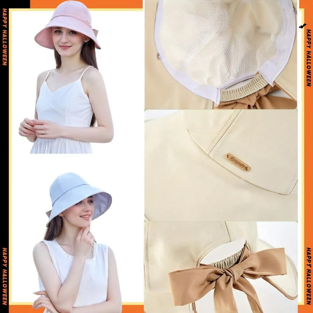 Wide Brim Sun Hat for Woman Bowknot Beach Bucket Hats Sun Protection Fishing Cap Adjustable Cotton with Ponytail Hole UPF50 