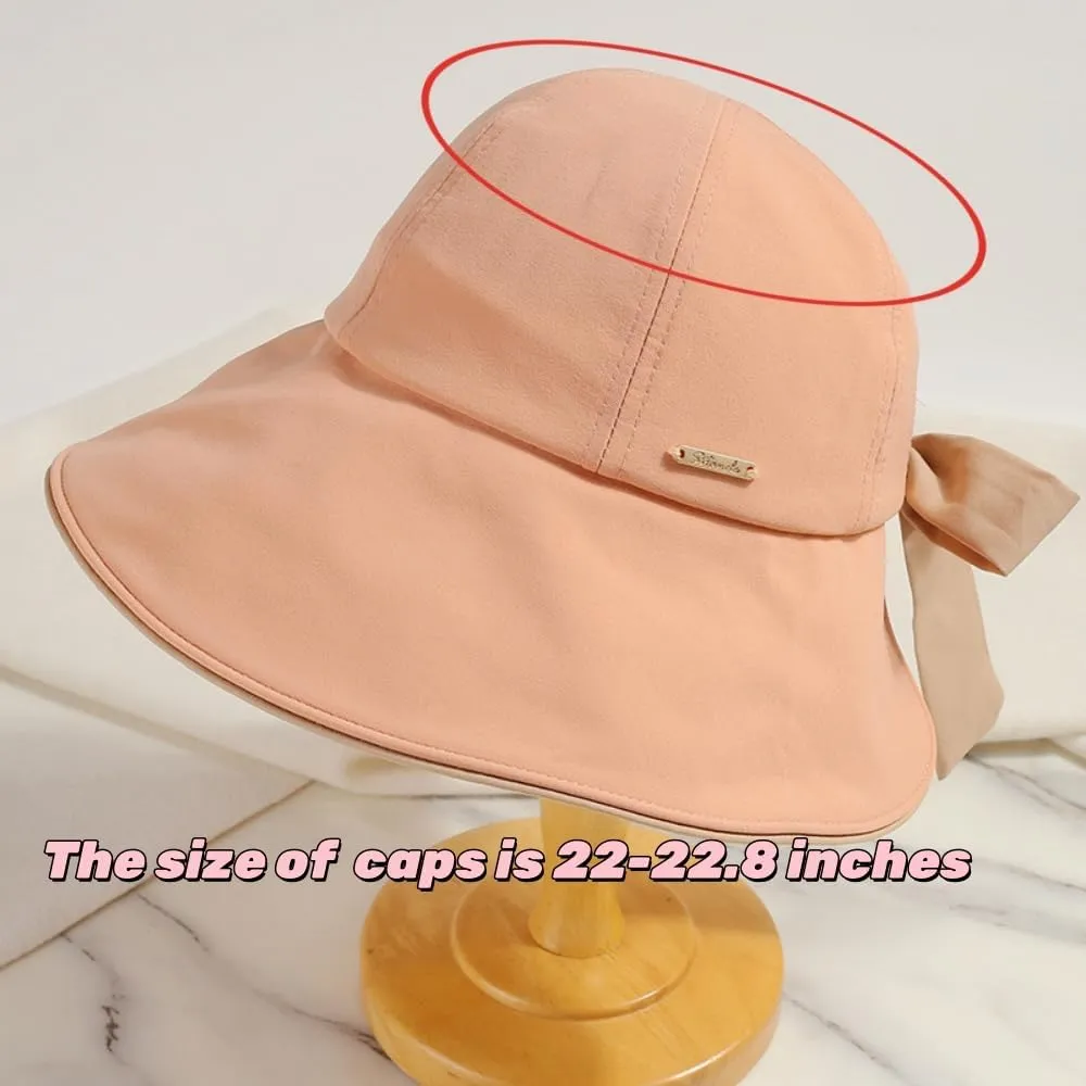 Wide Brim Sun Hat for Woman Bowknot Beach Bucket Hats Sun Protection Fishing Cap Adjustable Cotton with Ponytail Hole UPF50 