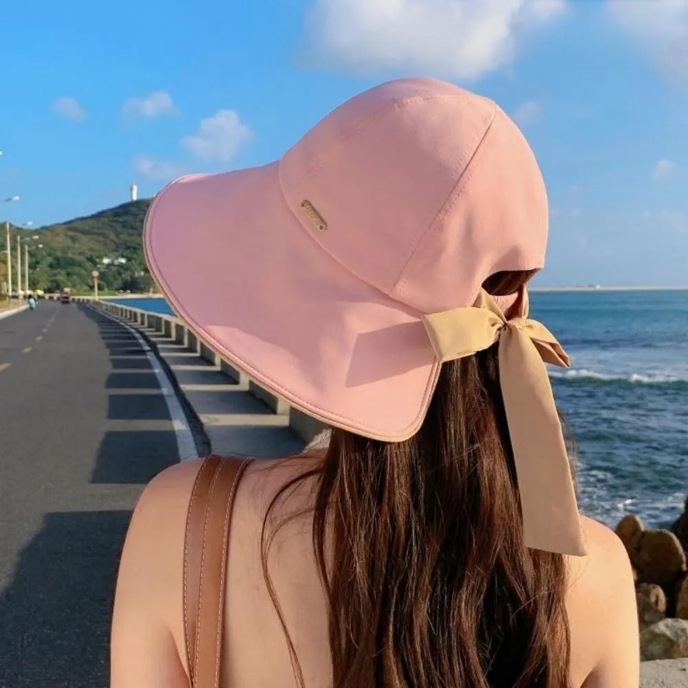 Wide Brim Sun Hat for Woman Bowknot Beach Bucket Hats Sun Protection Fishing Cap Adjustable Cotton with Ponytail Hole UPF50 