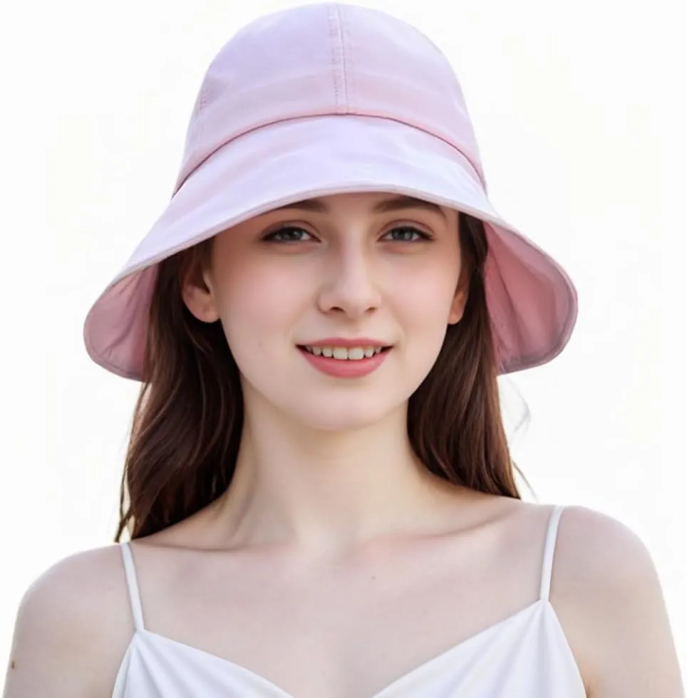 Wide Brim Sun Hat for Woman Bowknot Beach Bucket Hats Sun Protection Fishing Cap Adjustable Cotton with Ponytail Hole UPF50 