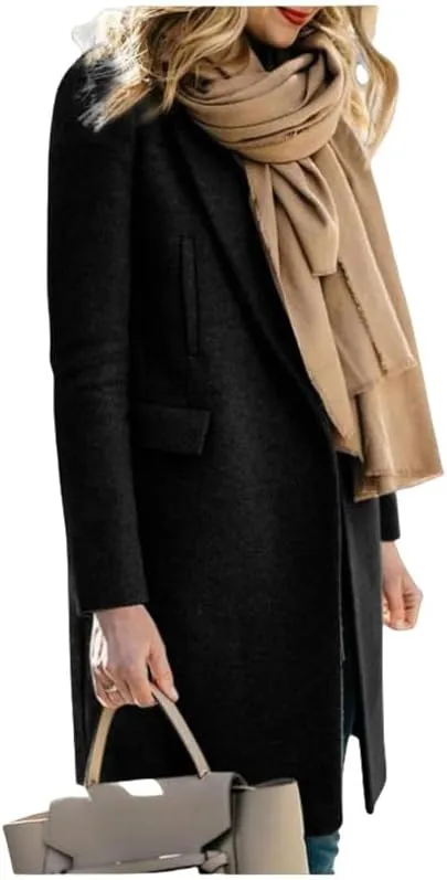 Women's Elegant Big Notch Lapel Coats Hidden Buttons Wool Blend Peacoat Jacket