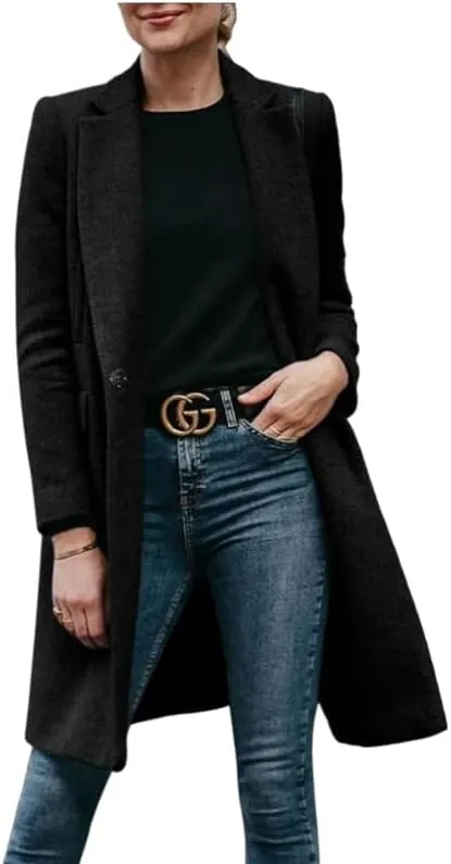 Women's Elegant Big Notch Lapel Coats Hidden Buttons Wool Blend Peacoat Jacket