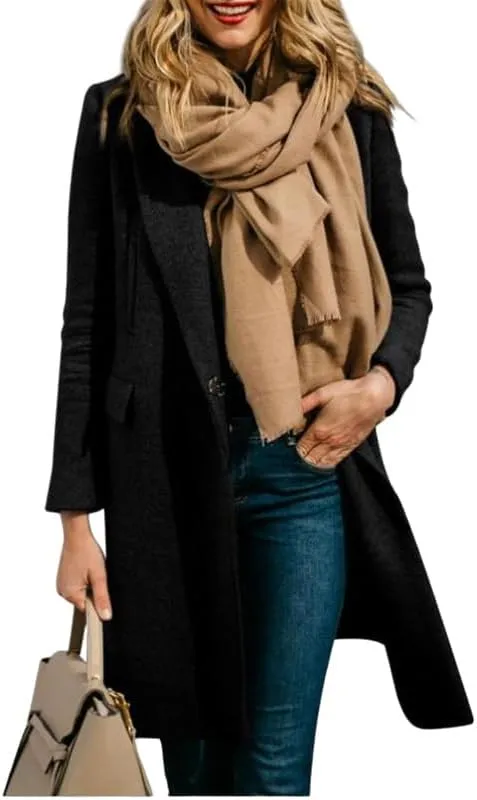 Women's Elegant Big Notch Lapel Coats Hidden Buttons Wool Blend Peacoat Jacket