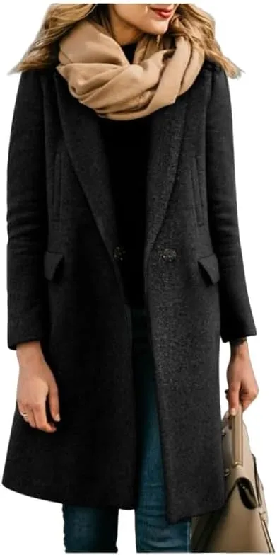 Women's Elegant Big Notch Lapel Coats Hidden Buttons Wool Blend Peacoat Jacket