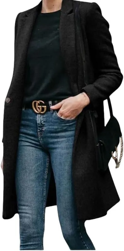 Women's Elegant Big Notch Lapel Coats Hidden Buttons Wool Blend Peacoat Jacket