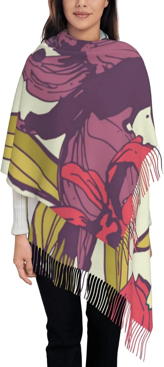 Womens Pashmina Shawl Wrap Wedding Winter Warm Large Soft Cashmere Feel Scarf, Floral Flower Narcissus Iris
