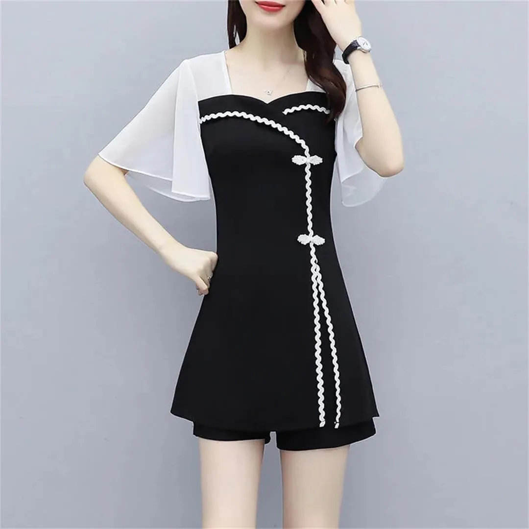 Women's Suit Skirt Slim Shows Thin Korean Temperament Cheongsam Tops Shorts 2 Two Piece Set