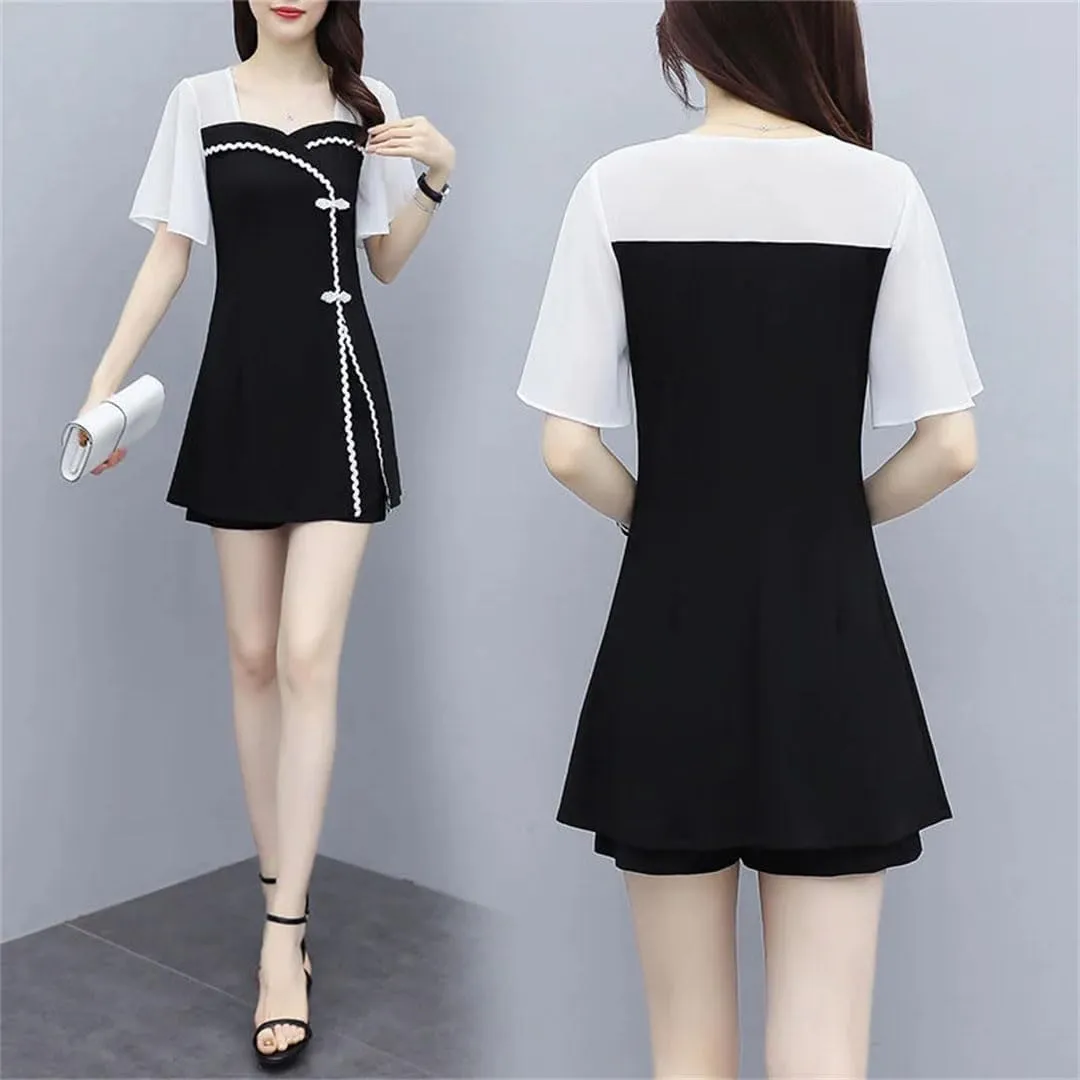 Women's Suit Skirt Slim Shows Thin Korean Temperament Cheongsam Tops Shorts 2 Two Piece Set