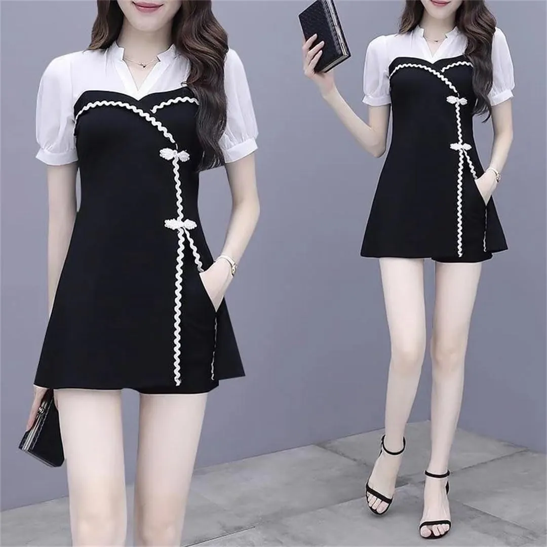 Women's Suit Skirt Slim Shows Thin Korean Temperament Cheongsam Tops Shorts 2 Two Piece Set