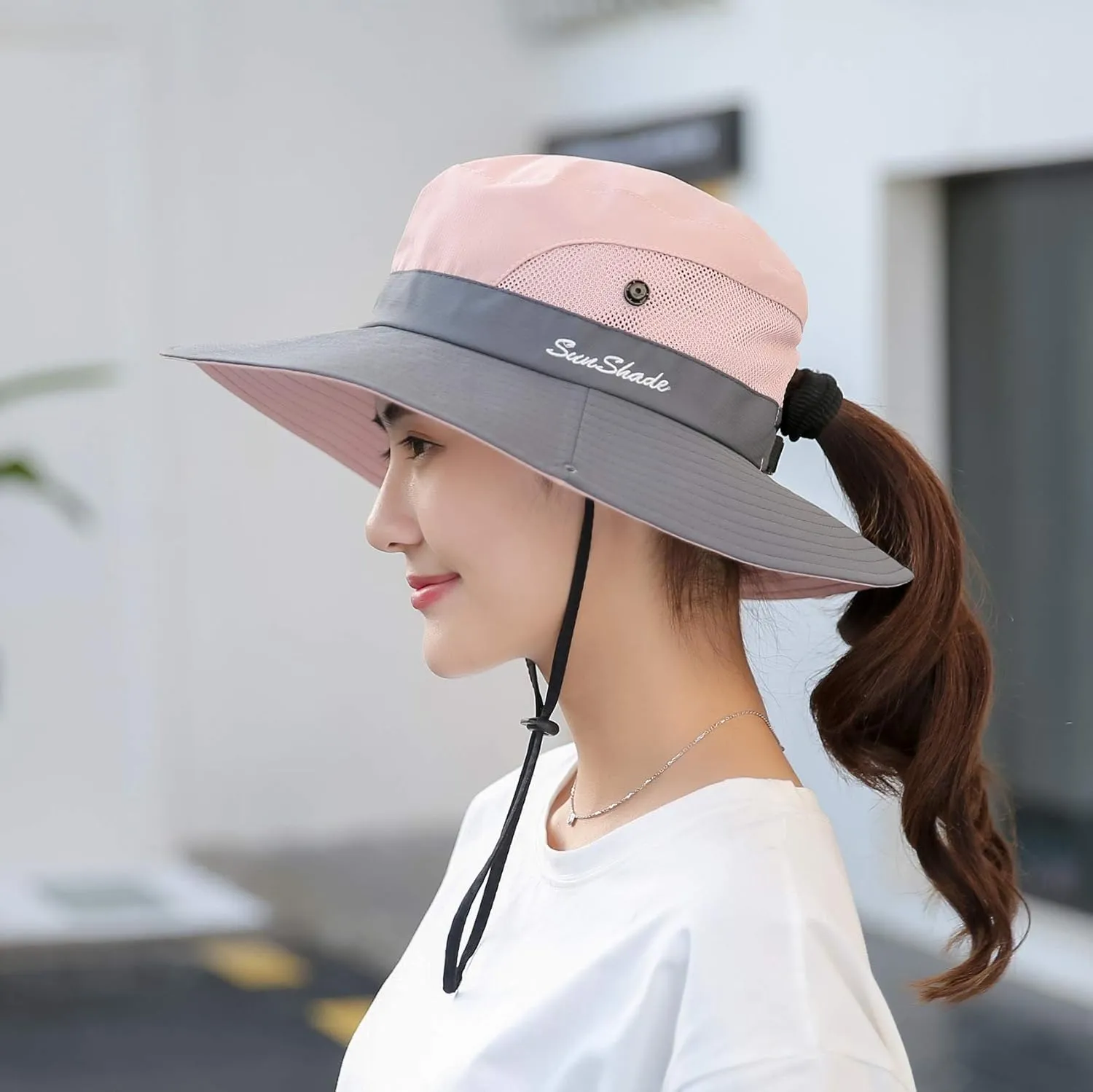 Womens Summer Sun-Hat Outdoor UV Protection Fishing Hat Wide Brim Foldable-Beach-Bucket-Hat with Ponytail-Hole