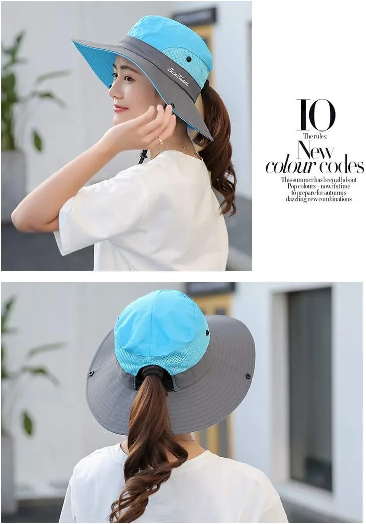 Womens Summer Sun-Hat Outdoor UV Protection Fishing Hat Wide Brim Foldable-Beach-Bucket-Hat with Ponytail-Hole