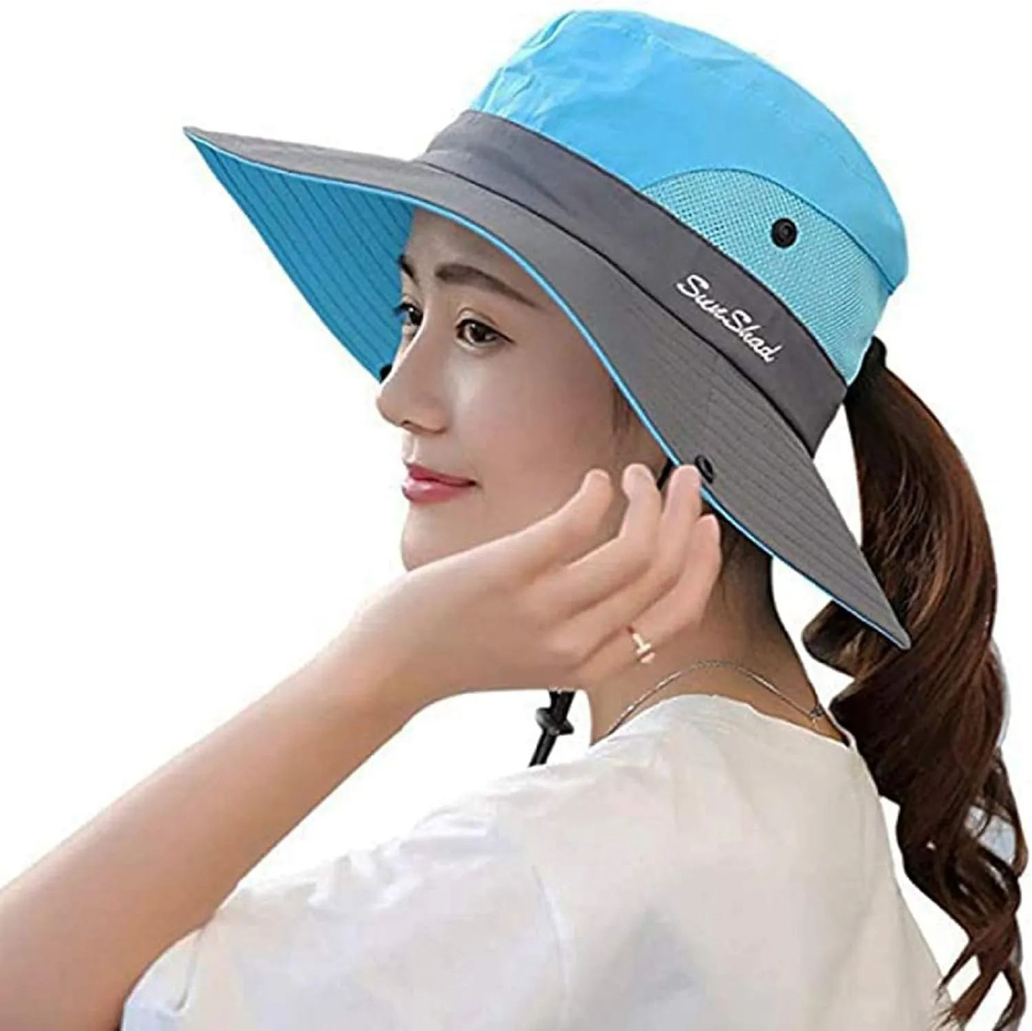 Womens Summer Sun-Hat Outdoor UV Protection Fishing Hat Wide Brim Foldable-Beach-Bucket-Hat with Ponytail-Hole