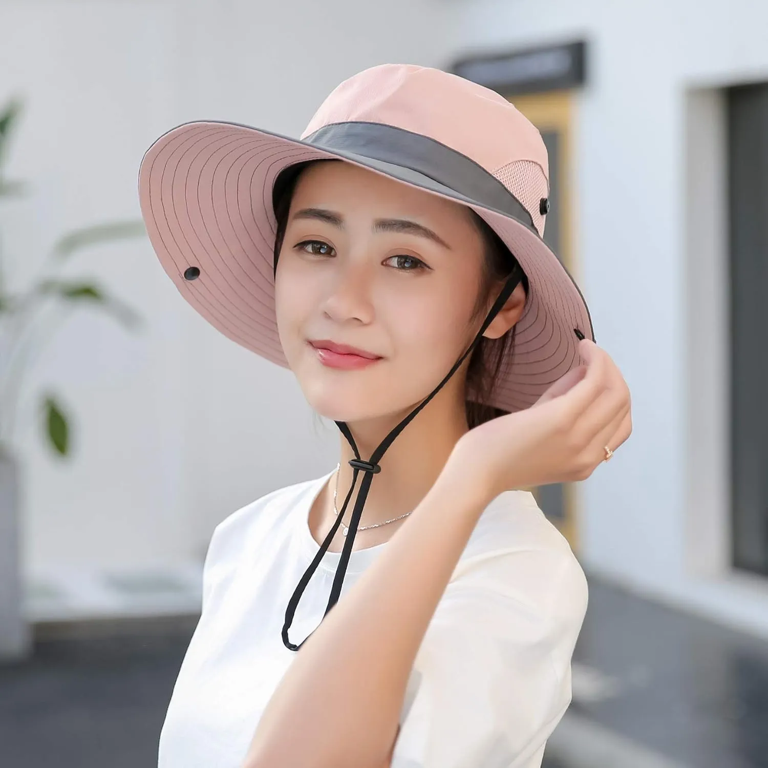Womens Summer Sun-Hat Outdoor UV Protection Fishing Hat Wide Brim Foldable-Beach-Bucket-Hat with Ponytail-Hole