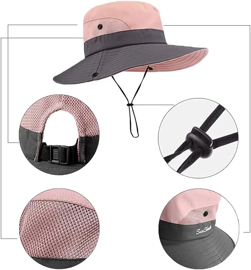 Womens Summer Sun-Hat Outdoor UV Protection Fishing Hat Wide Brim Foldable-Beach-Bucket-Hat with Ponytail-Hole