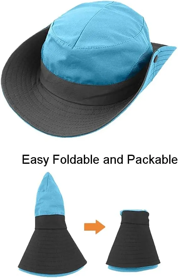 Womens Summer Sun-Hat Outdoor UV Protection Fishing Hat Wide Brim Foldable-Beach-Bucket-Hat with Ponytail-Hole