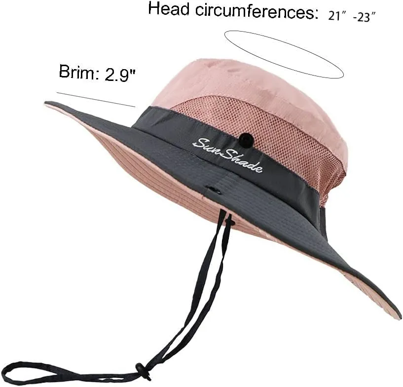Womens Summer Sun-Hat Outdoor UV Protection Fishing Hat Wide Brim Foldable-Beach-Bucket-Hat with Ponytail-Hole