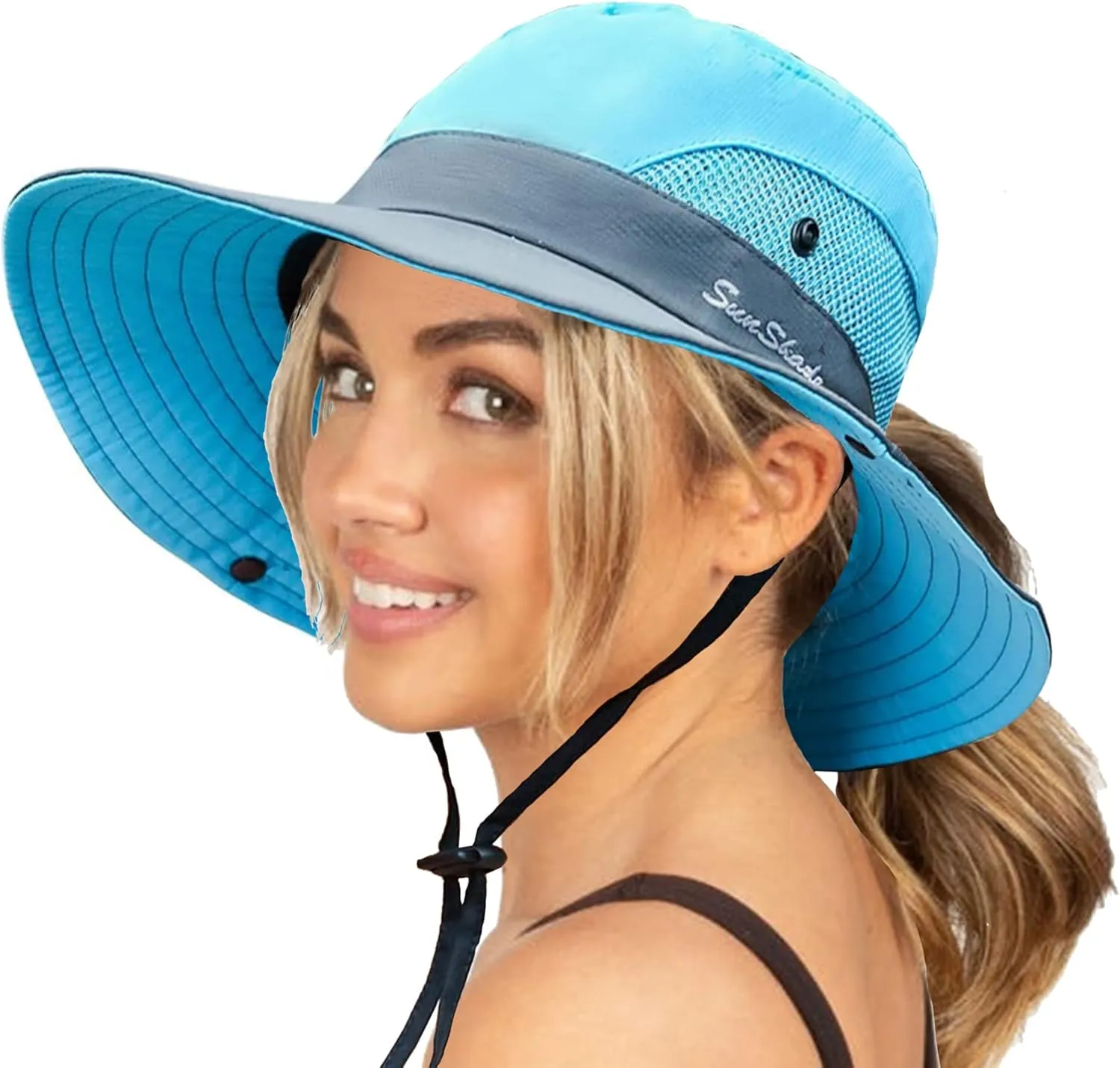 Womens Summer Sun-Hat Outdoor UV Protection Fishing Hat Wide Brim Foldable-Beach-Bucket-Hat with Ponytail-Hole
