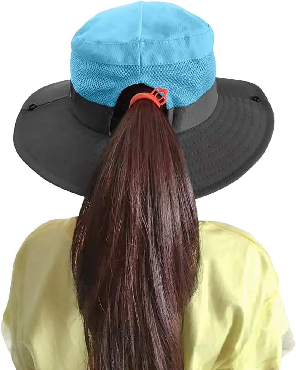 Womens Summer Sun-Hat Outdoor UV Protection Fishing Hat Wide Brim Foldable-Beach-Bucket-Hat with Ponytail-Hole