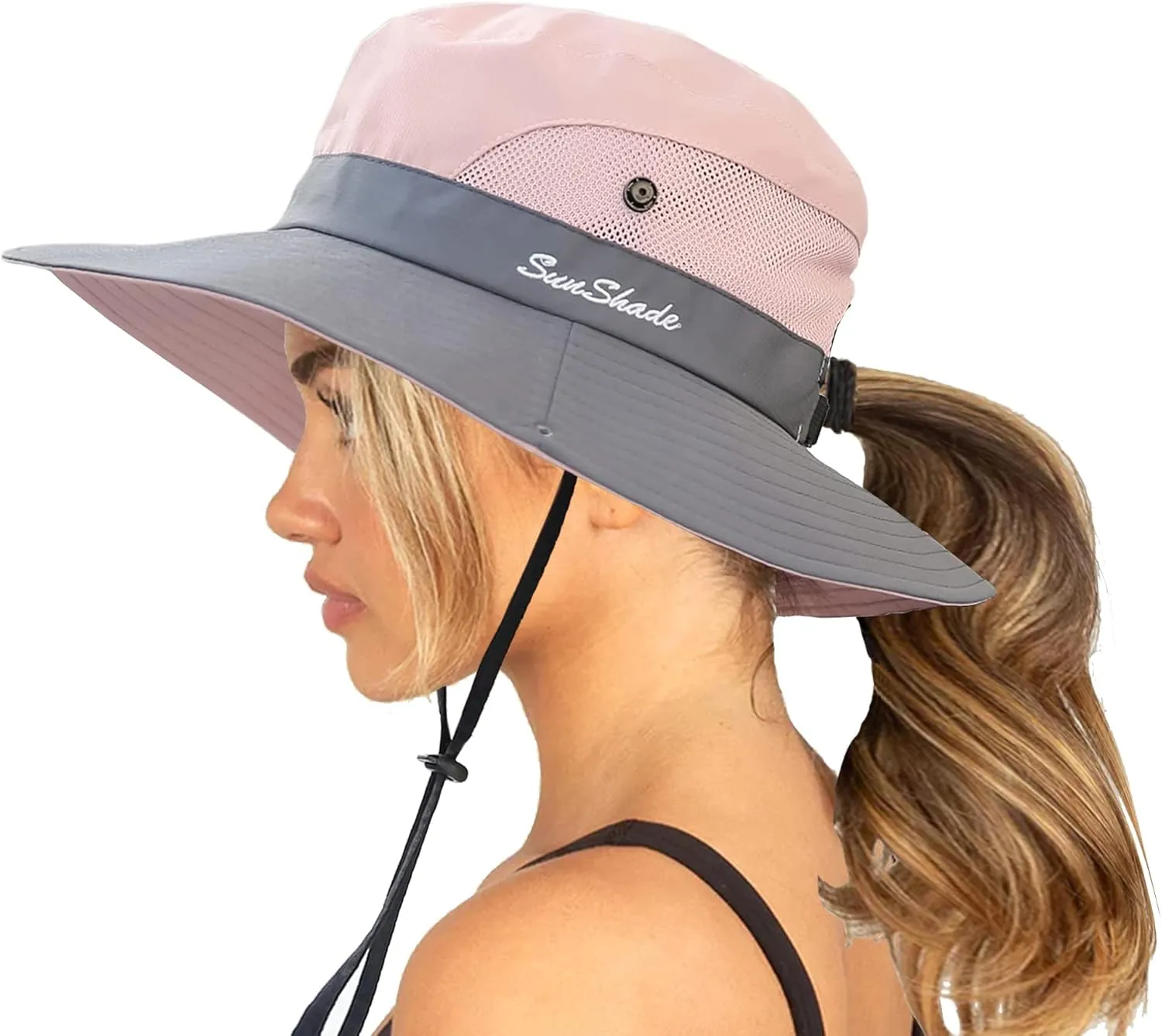 Womens Summer Sun-Hat Outdoor UV Protection Fishing Hat Wide Brim Foldable-Beach-Bucket-Hat with Ponytail-Hole