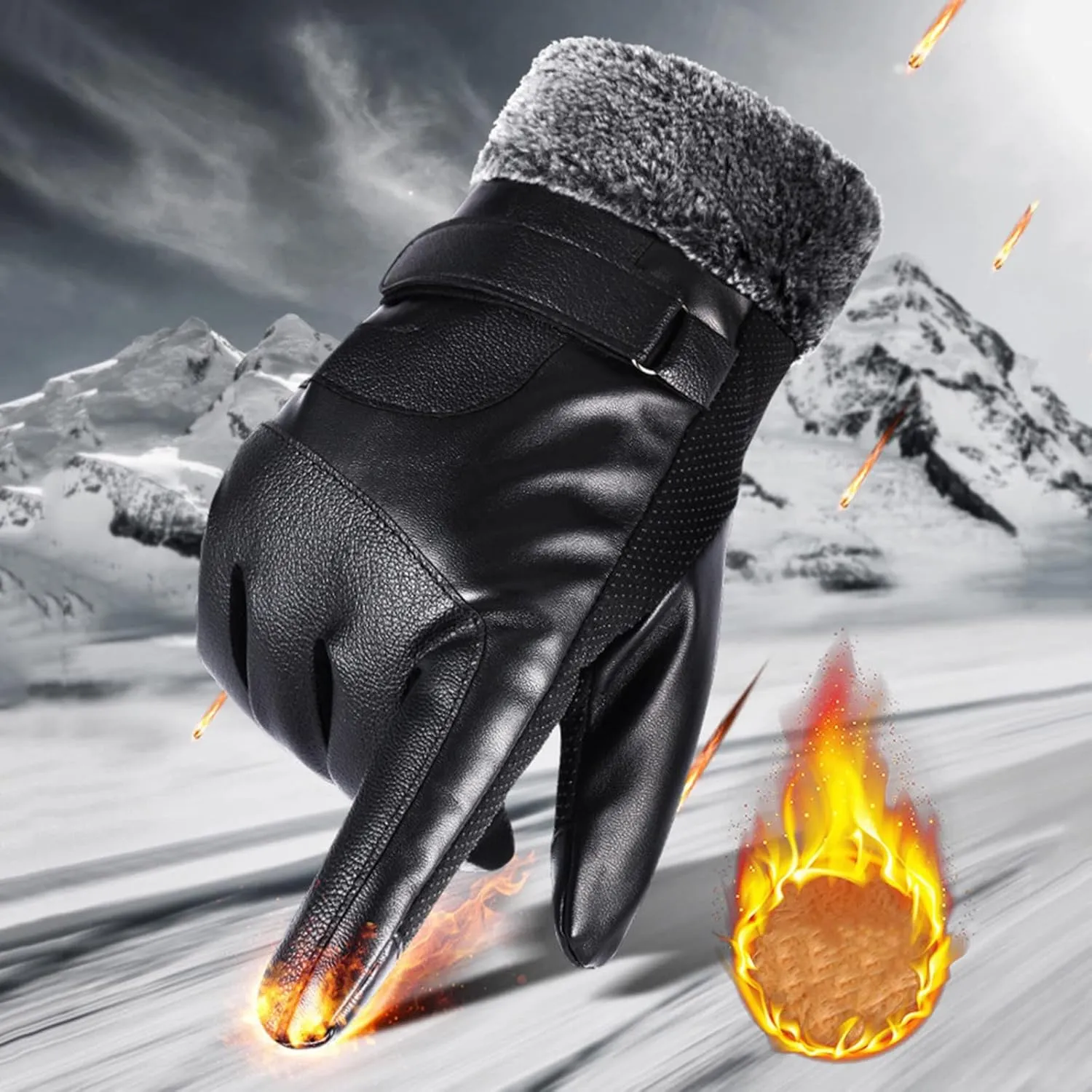 YOLAI Fashion Mens Fleece Lined PU Leather Gloves Winter Warm Gloves Warm Mittens Adjustable Cuffs Driving Gloves