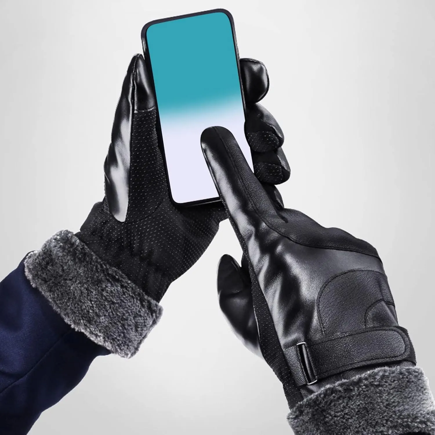 YOLAI Fashion Mens Fleece Lined PU Leather Gloves Winter Warm Gloves Warm Mittens Adjustable Cuffs Driving Gloves