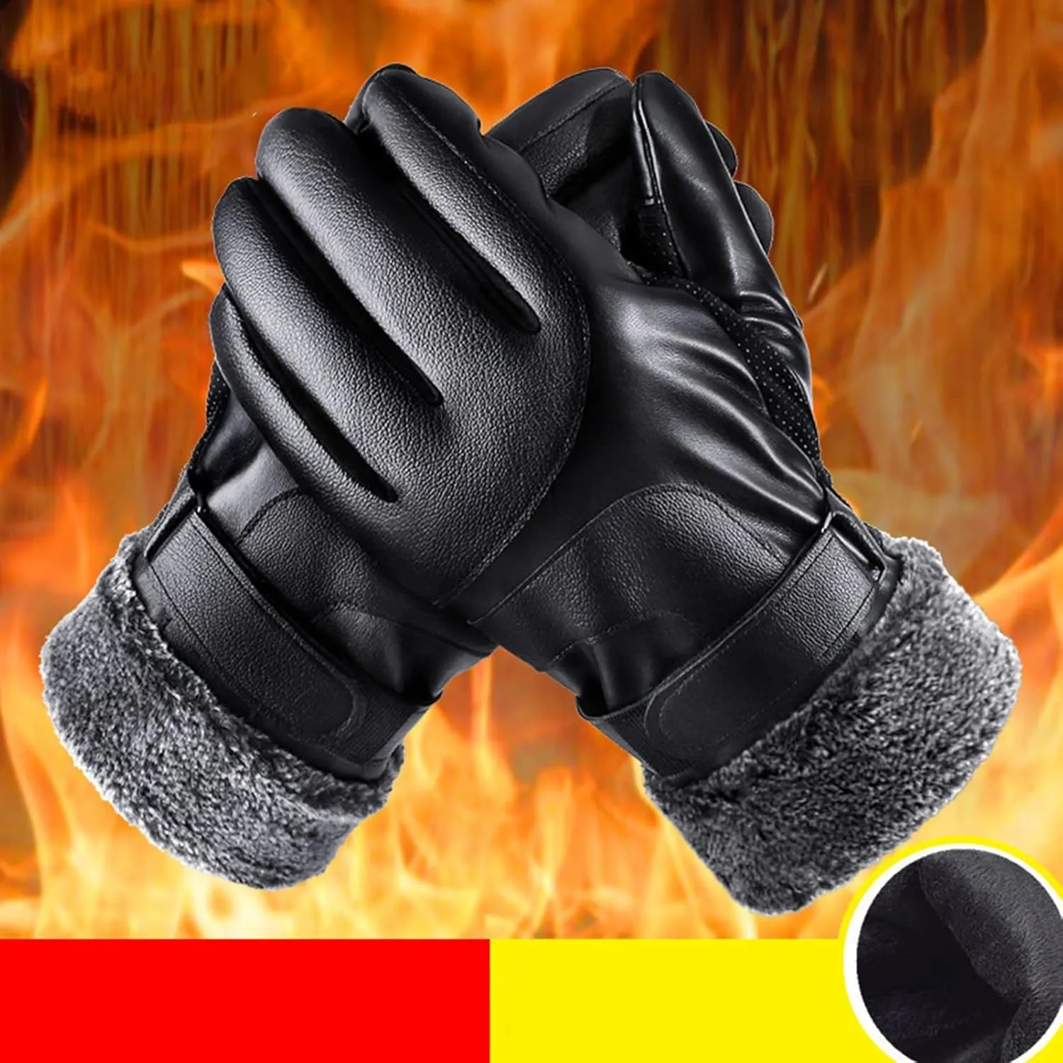YOLAI Fashion Mens Fleece Lined PU Leather Gloves Winter Warm Gloves Warm Mittens Adjustable Cuffs Driving Gloves
