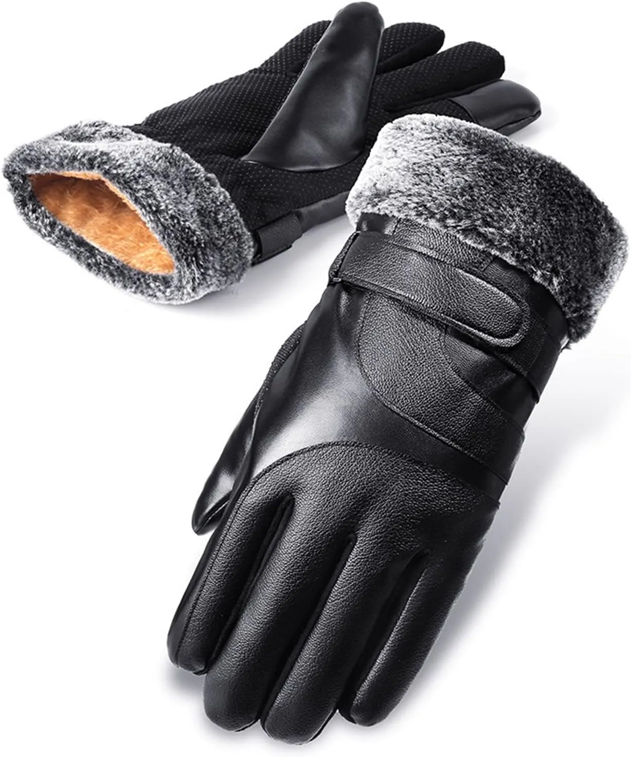 YOLAI Fashion Mens Fleece Lined PU Leather Gloves Winter Warm Gloves Warm Mittens Adjustable Cuffs Driving Gloves